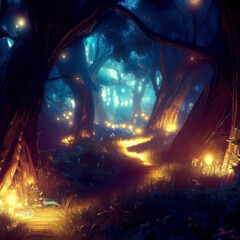 Fantasy forest at night, magic glowing path and lights in fairytale wood, Surreal mystical fantasy artwork