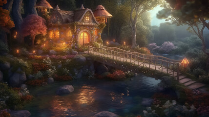 Fairy house near bridge, dreamy fairy woodland