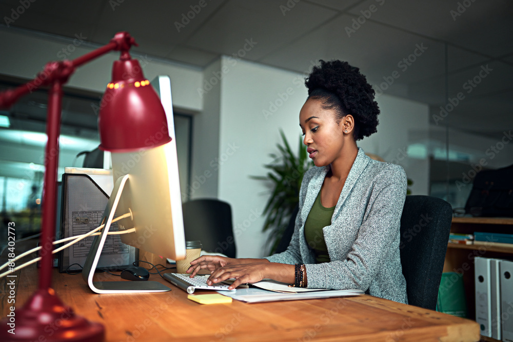 Poster typing, computer and black woman in office for research with creative project online for startup. ca