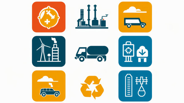 A set of colorful industrial icons depicting various industrial activities and equipment.