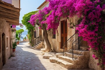 Fototapeta premium A Serene Midday Scene in a Narrow Mediterranean Alleyway with Colorful Flowers and Old Stone Buildings
