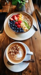 A bowl of fruit and a cup of coffee sit on a wooden table