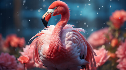 Close up photography of a Caribbean pink flamingo bird on blurred background