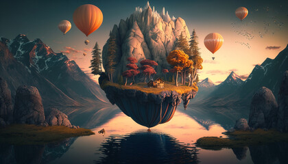 Floating island. surreal mystical fantasy artwork