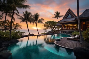 An Exquisite Tropical Spa Retreat with Stunning Ocean Views and Surrounded by Verdant Foliage at Dusk