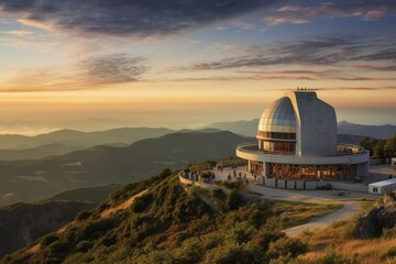 Obraz premium The Tranquil Beauty of a Hilltop Observatory at Sunset Overlooking a Lush Valley