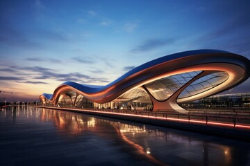 Neon-Lit Evening View of a Modern High-Speed Train Station with Gleaming Tracks