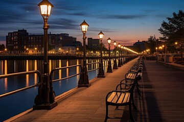 Obraz premium Twilight Descends on a Peaceful Riverside Boardwalk Adorned with Glowing Lanterns