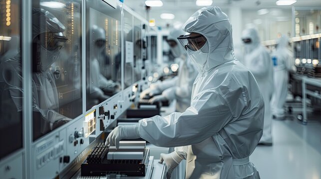 In a semiconductor laboratory, engineers donning protective suits meticulously operate laser-guided machinery to fabricate microchips within a pristine environment