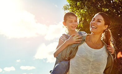 Mom, girl and piggyback by sky with space for mockup with love, sunshine and memory on holiday....