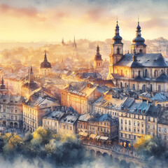 Fototapeta na wymiar beautiful old city, watercolor painting
