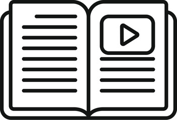 Linear icon illustration of an open book with a play button, symbolizing multimedia learning