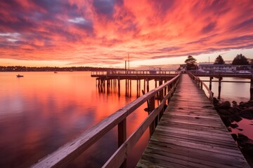 Fototapeta premium Early morning fishing activities on a public dock with the sun rising over the tranquil sea