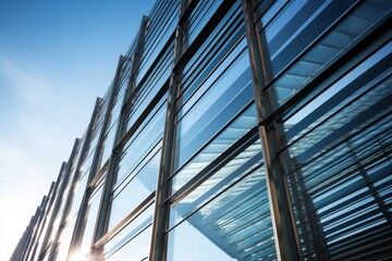 Obraz premium Sunlight Dancing on a Glass Building Adorned with Metallic Strips in a Modern City