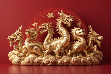 golden chinese dragons home decor, on red background