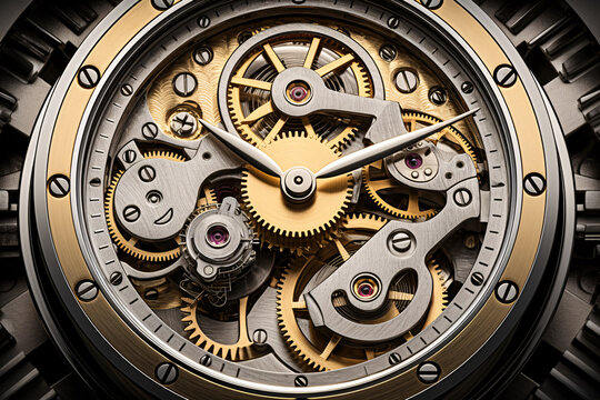 A close-up of a watch movement reveals intricate gears and tiny screws