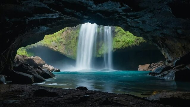 waterfall in the cave, seamless looping animation video background 