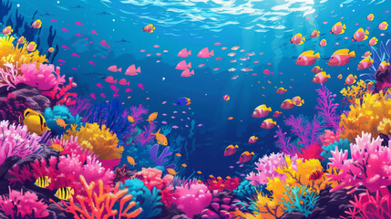 Colorful illustration of a bustling coral reef, featuring a variety of tropical fish and plant life.