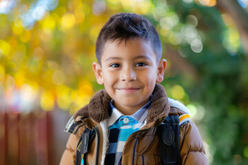 Happy Latino Boy with Backpack Outside Ready for Back to School or Hiking Adventure