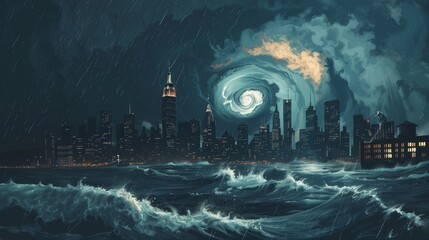 Climate Change Impact - Dramatic Illustration of Hurricane Approaching Coastal City