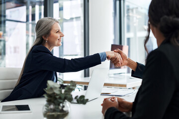Handshake, people and clients in office for welcome, greeting and thank you with business deal. Shaking hands, trust and hello for financial advice in workplace meeting with laptop and mature woman