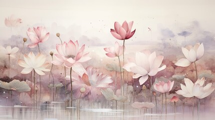 Tranquil watercolor scene depicting a serene pond surrounded by lotus flowers in shades of pink and white