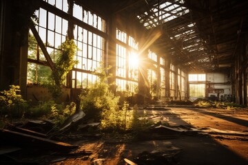 The Eerie Charm of a Deserted Warehouse at Twilight with Sun Rays Filtering through Shattered Glass