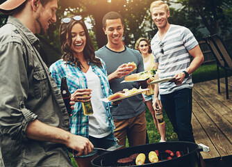 Friends, drinks and barbecue with food for dinner, party or reunion with alcohol in America. Group,...