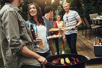 Friends, barbecue and help for serving with plate in backyard with diversity, cooking or meat on...