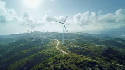 Sustainable Energy Generation: Wind Farm on Hillside Powering Nearby Town with Clean Electricity