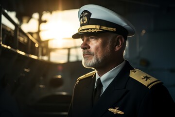 Dusk at the Dock: A Navy Officer's Contemplative Stare with Their Warship Cast in Shadows Behind