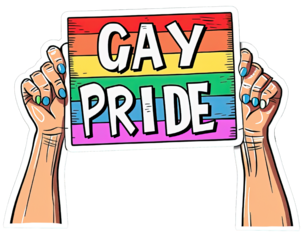 Illustration sticker of hands holding gay pride poster over white transparent background
