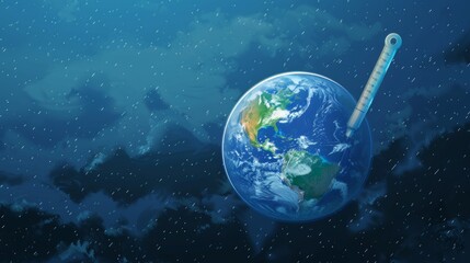 Naklejka premium Melting Earth - Illustration of Global Warming Crisis with High Temperature Thermometer on Planet Earth, Climate Change Concept