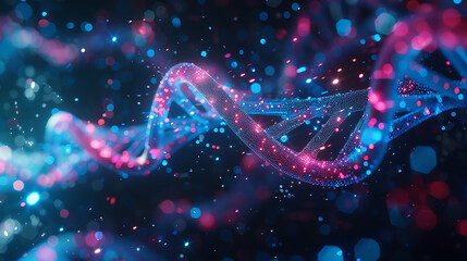 a digital representation of a DNA strand set against a dark background, with vibrant blue and pink lights creating an otherworldly effect