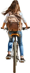 14 year old school girl back view riding bike over isolated transparent background