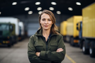 Fototapeta premium A Professional Woman Commands the Scene at a Dynamic Truck Loading Dock