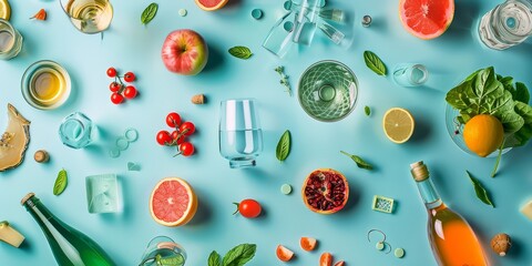 Colorful fruits and beverages on light blue background. Fresh produce vibrant display.
