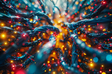 A maze of tangled wires and cables, symbolizing the complexity and entanglement of systemic issues. Concept of systemic crisis and organizational dysfunction. Generative Ai.