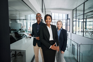 Business, people and smile portrait in office with diversity for partnership, collaboration and teamwork for company project. Group, corporate and confident in law career, legal advice and attorney.