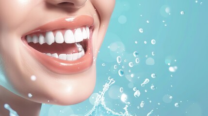 Showing a close-up of a woman's perfect white teeth. Banner for advertising teeth whitening, ceramic veneers, dental aesthetics concept. Copy space
