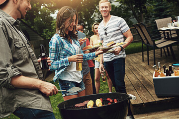 People, barbecue and serving with plate in backyard with diversity cooking and choice with meat on...