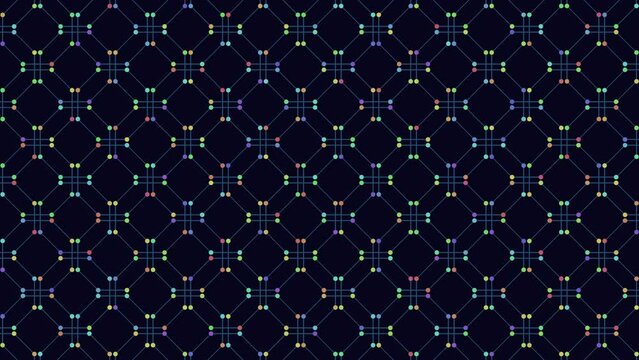 A vibrant, geometric pattern formed by a grid of colorful circles - blue, green, and purple. The circles repeat, giving the design a mesmerizing and lively effect