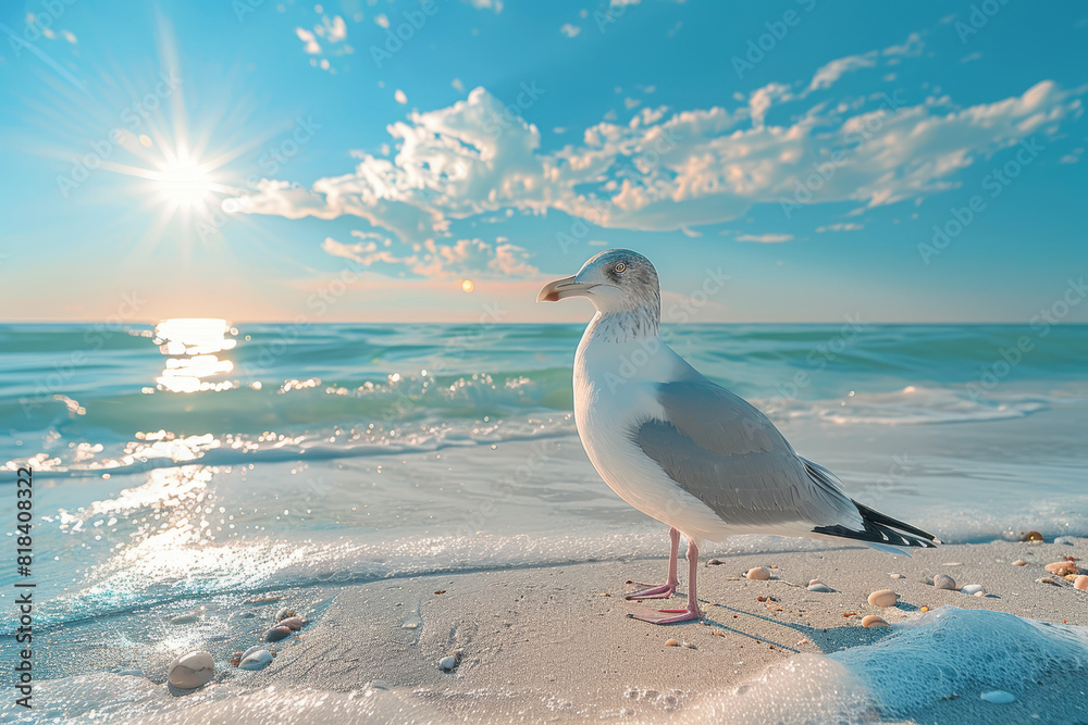 Wall mural a lone seagull standing sentinel on a windswept beach, surveying the vast expanse of the sea. concep