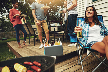 Outdoor, gathering and barbecue for woman, smile and break for reunion in weekend and party in...