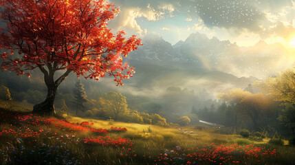 beautiful fantasy landscape, red tree in foreground, flowers and grasses on the ground, misty mountains in background, sun rays shining through clouds, realistic, detaile