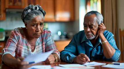 An older couple looking over their finances and realizing they are falling short
