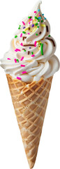 Vanilla with sprinkles ice cream with cone waffle over isolated transparent background