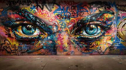 Fototapeta premium The mural features two intensely detailed and expressive eyes. These eyes are surrounded by vibrant, abstract colors and shapes, creating an intense visual effect