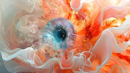 Surreal abstract artwork image of sperm and flower, blue element of sperm cell and vibrant orange petals, symbol of life and renewal, human and plant reproduction concept background.