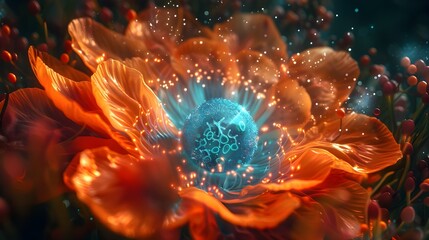 Surreal abstract artwork image of sperm and flower, blue element of sperm cell and vibrant orange petals, symbol of life and renewal, human and plant reproduction concept background.